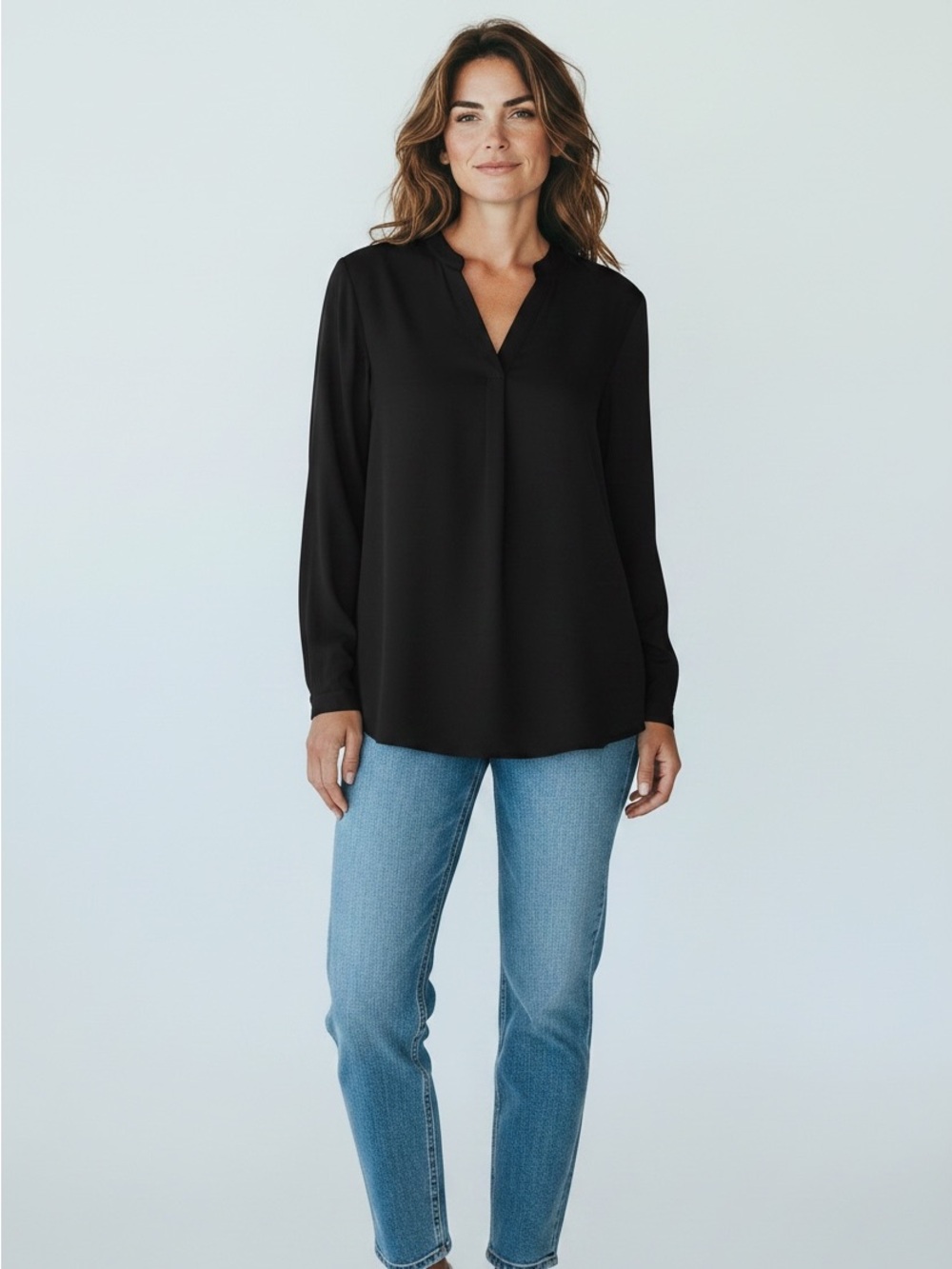 Sandra Women’s Size Large V Neck Solid Black Long Sleeve Blouse